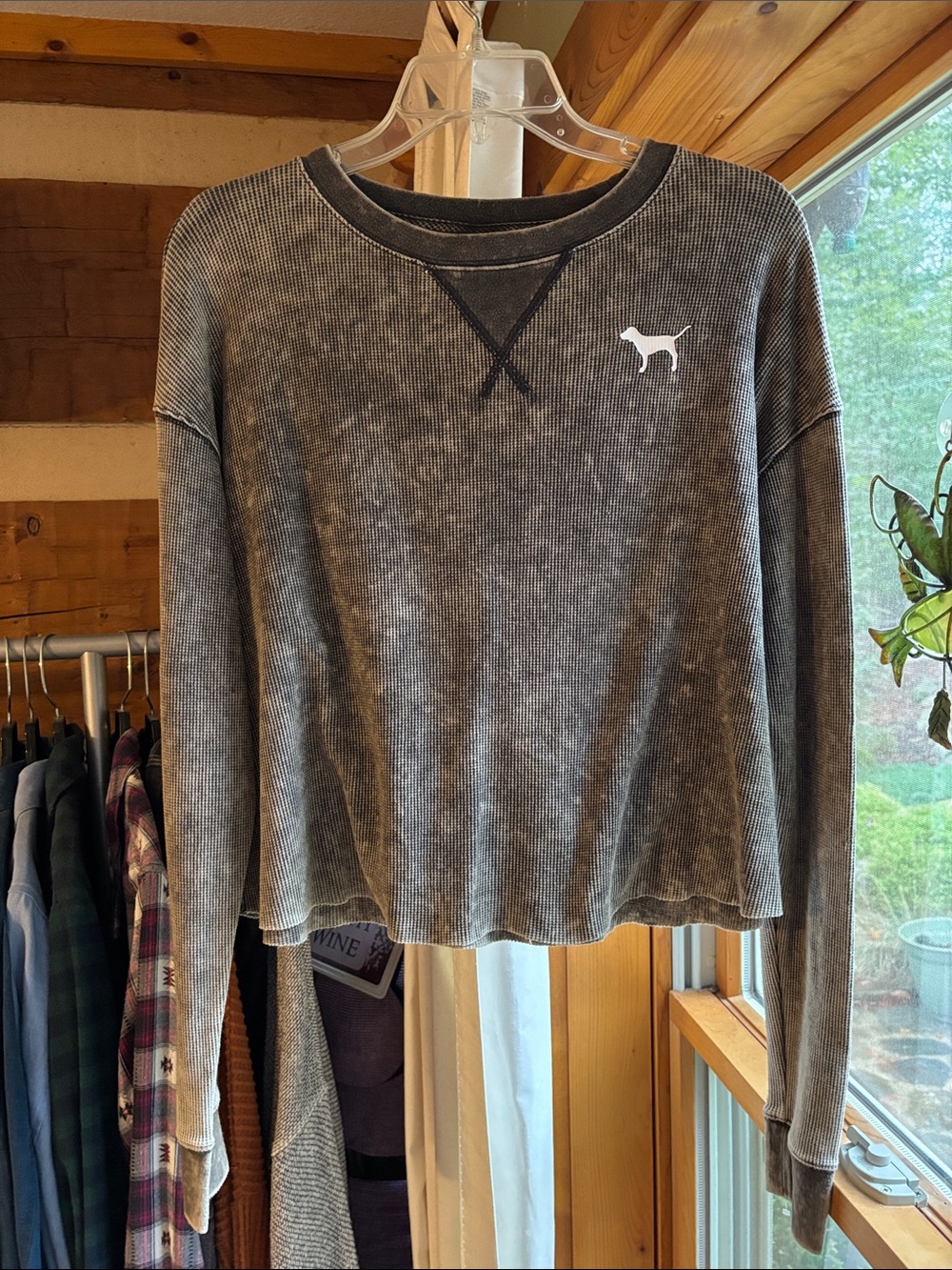 PINK Victoria's Secret Washed Gray Ribbed Crew Sweatshirt
